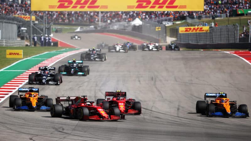 Ferraris and McLarens fighting at the 2021 US Grand Prix