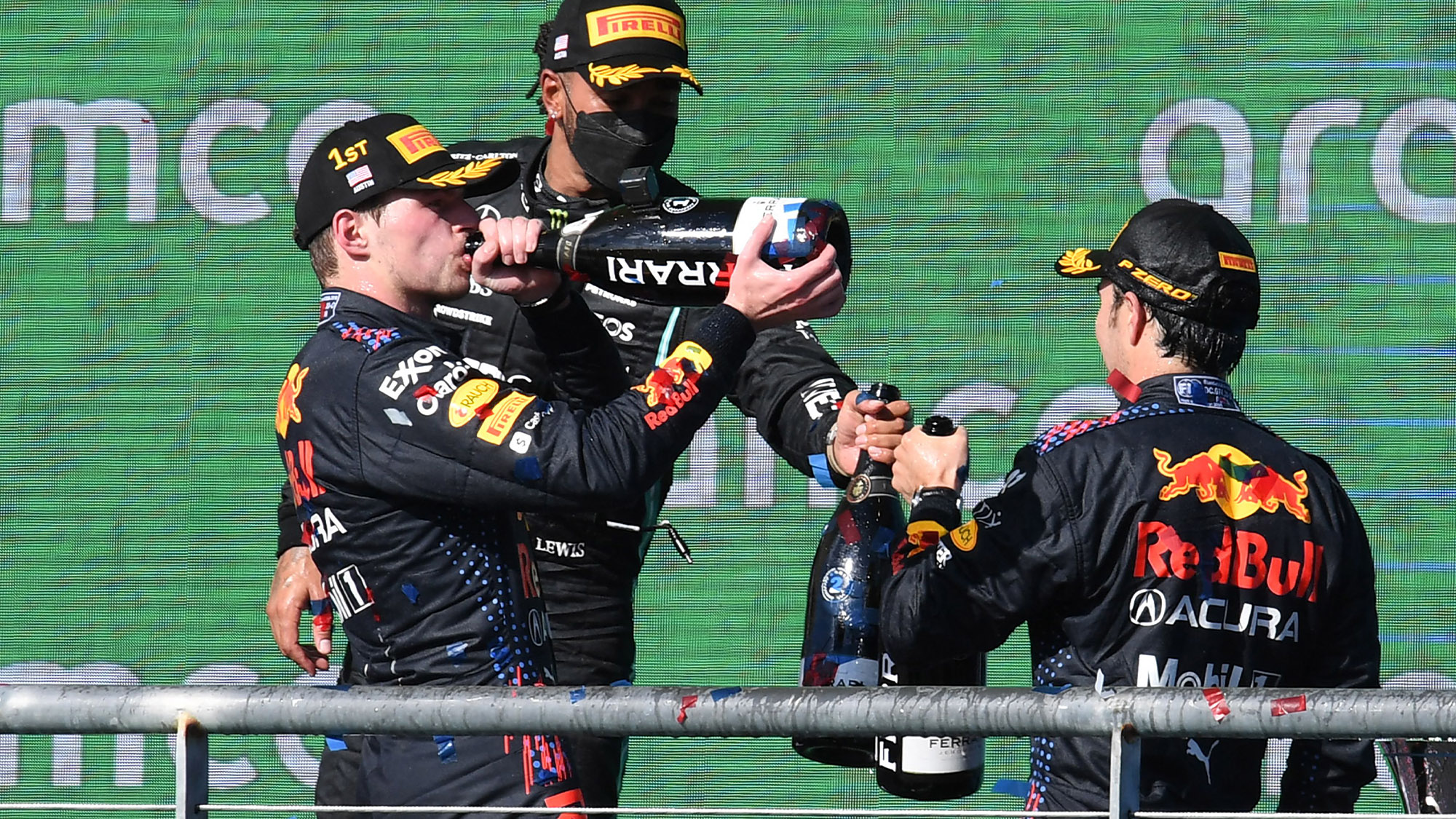 Hamilton Verstappen and Perez on the podium after 2021 US Grand Prix
