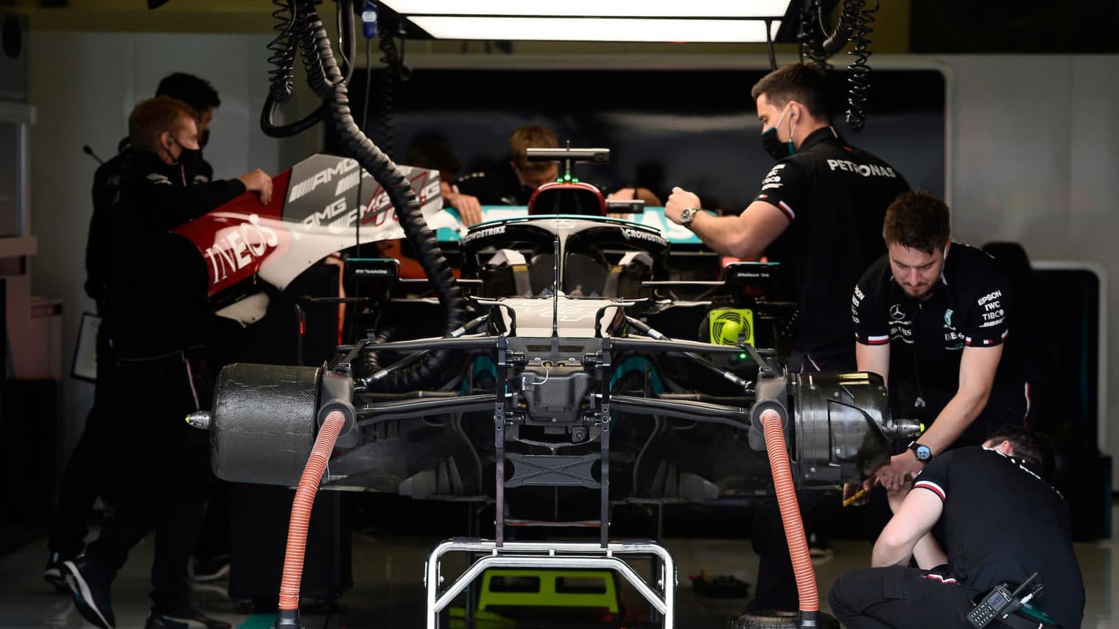 Lewis Hamilton Mercedes in pit garage