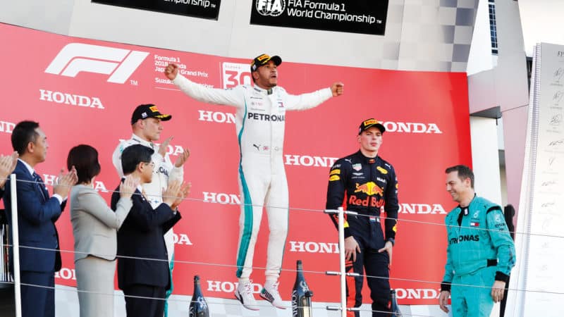Lewis Hamilton celebrates victory in the 2018 Japanese Grand Prix