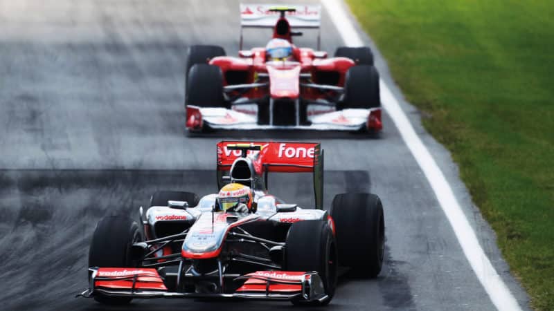Lewis Hamilton leads Fernando Alonso in the 2010 Canadian Grand Prix