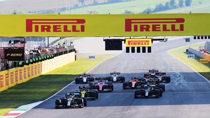 Lewis Hamilton leads at the start of the 2020 Tuscan Grand Prix