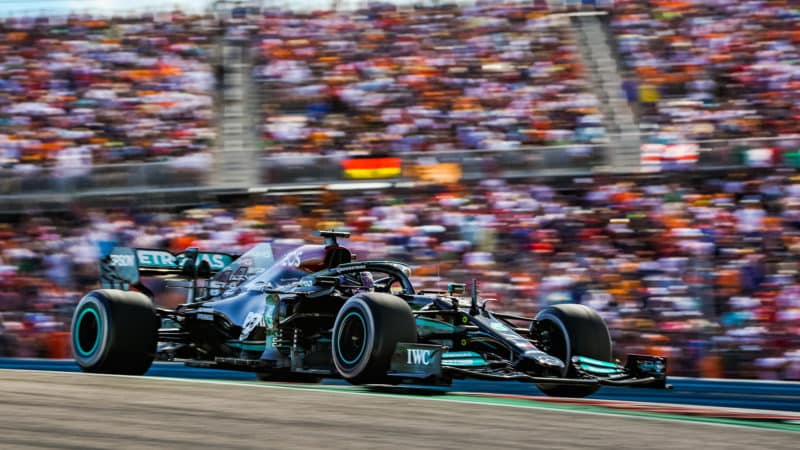 Mercedes of Lewis Hamilton in front of crowd at the 2021 US Grand Prix
