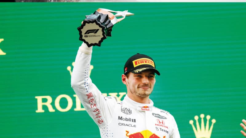 Max Verstappen holds up his trophy at the 2021 Turkish Grand Prix