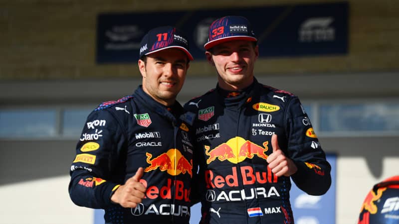 Sergio Perez with Max Verstappen with thumbs up