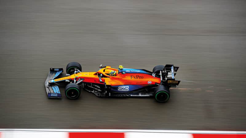 Sparks from McLaren of Lando Norris at the 2021 Russian Grand Prix