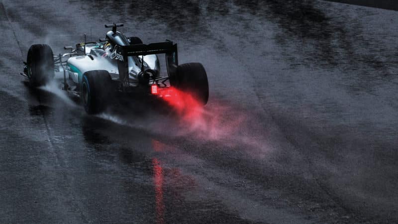 Spray from the Mercedes of Lewis Hamilton in the 2016 Brazilian Grand Prix