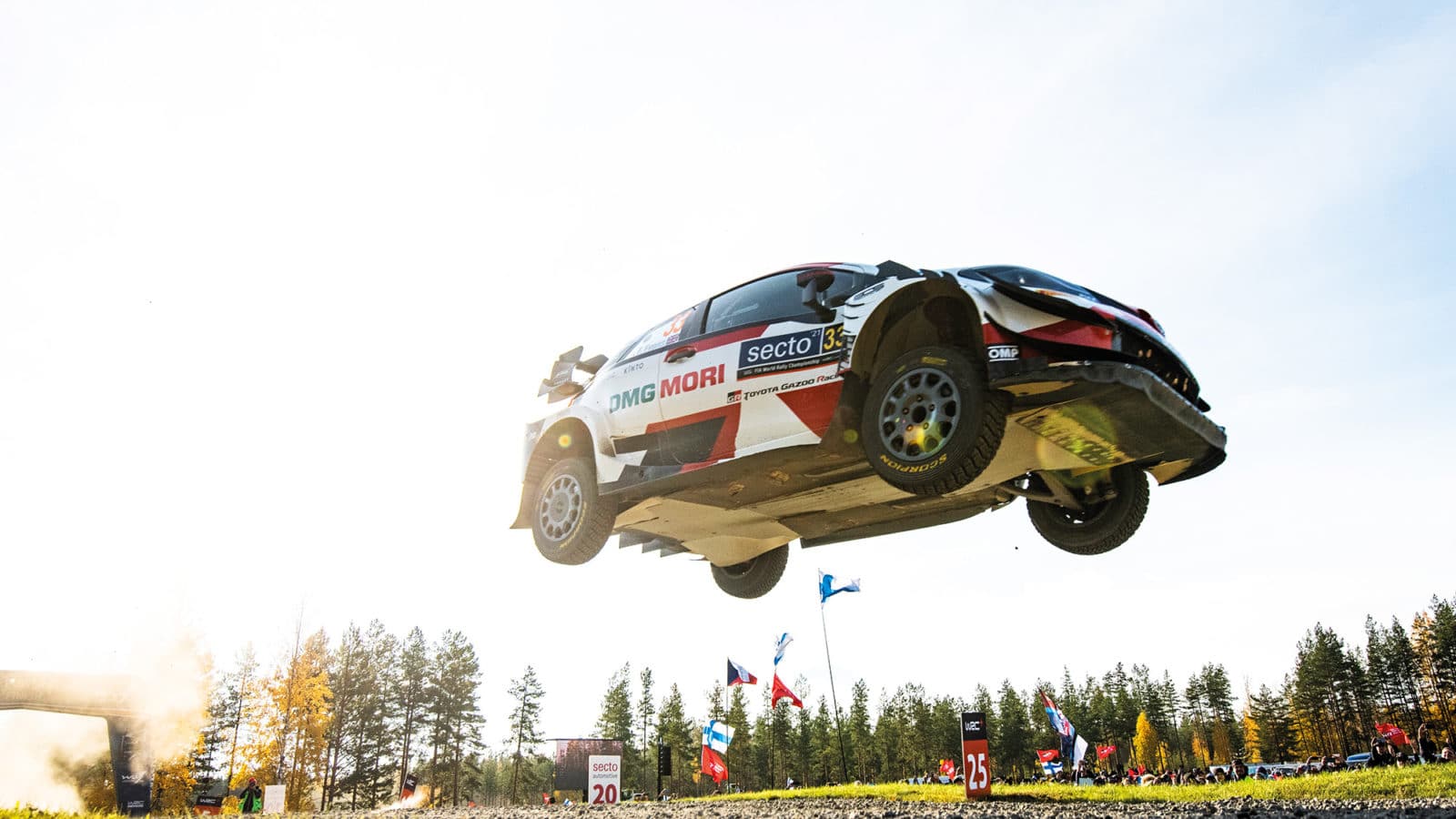 Toyota of Elfyn Evans in mid air at Rally Finland jump