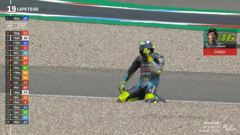 Valentino Rossi kneels after Assen 2021 crash