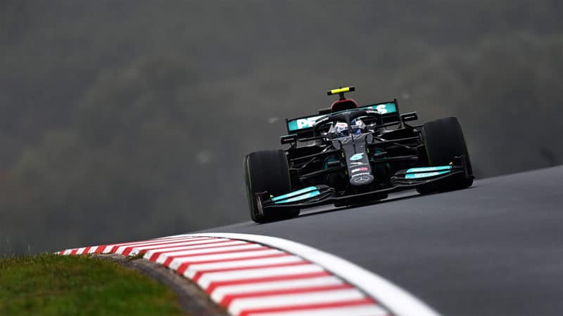 Valtteri Bottas on worn intermediate tyres at the 2021 Turkish Grand Prix