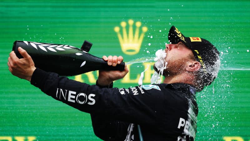 Valtteri Bottas sprays champagne after winning the 2021 Turkish Grand Prix