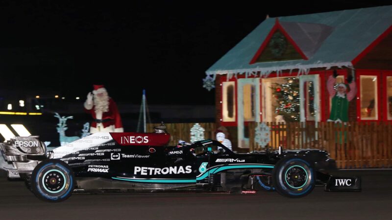 2019 Mercedes W10 at Silverstone with Santa Claus