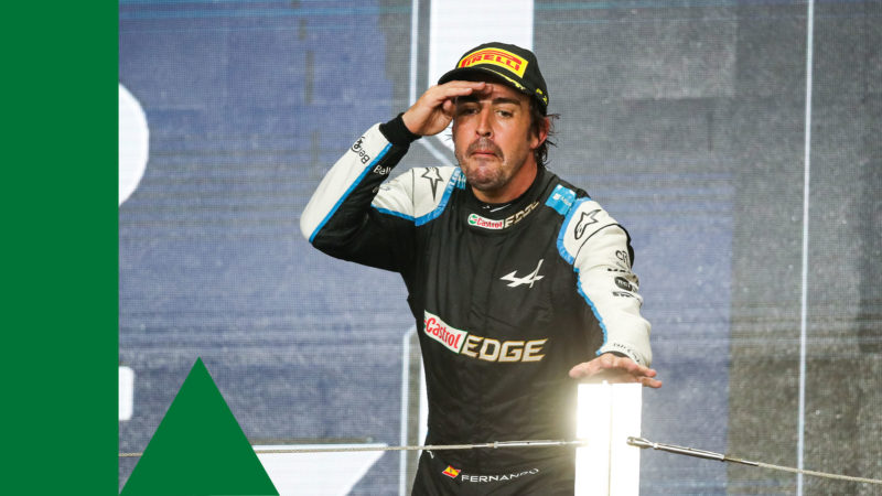 ALONSO Fernando (spa), Alpine F1 A521, portrait celebrating podium during the Formula 1 Ooredoo Qatar Grand Prix 2021, 20th round of the 2021 FIA Formula One World Championship from November 19 to 21, 2021 on the Losail International Circuit, in Lusail, Qatar - Photo Florent Gooden / DPPI