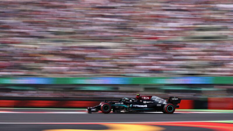 MEXICO CITY, MEXICO - NOVEMBER 05: Valtteri Bottas of Finland driving the (77) Mercedes AMG Petronas F1 Team Mercedes W12 during practice ahead of the F1 Grand Prix of Mexico at Autodromo Hermanos Rodriguez on November 05, 2021 in Mexico City, Mexico. (Photo by Lars Baron/Getty Images)