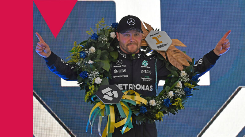 Valtteri Bottas (Mercedes) on the podium after the sprint race before the 2021 Brazilian Grand Prix in Interlagos, Sao Paulo. Photo: Grand Prix Photo