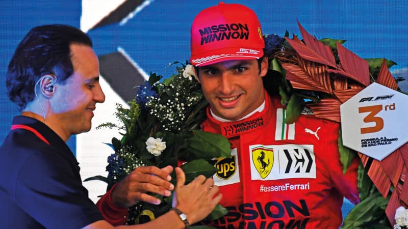 Carlos Sainz celebrates finishing third in the BRazilian Grand Prix sprint race