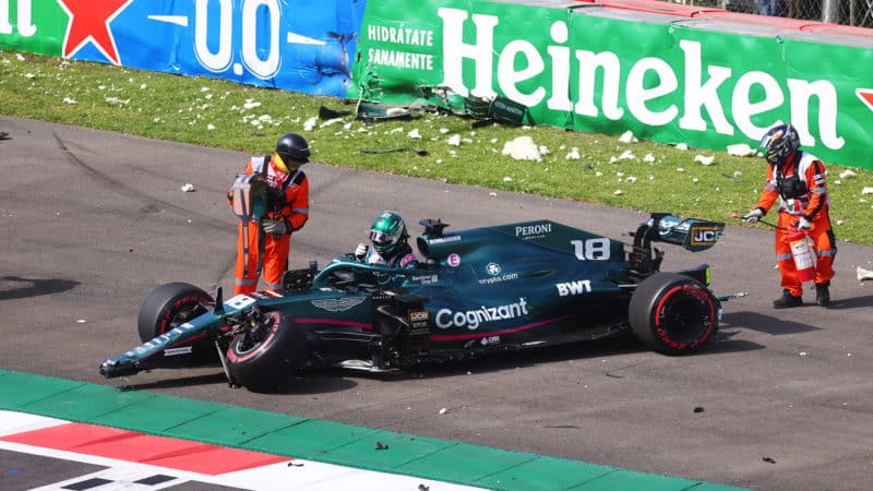 Crashed Aston Martin of Lance Stroll in 2021 Mexican GP qualifying