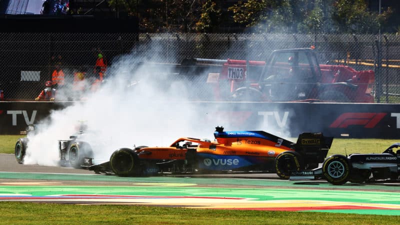 Daniel Ricciardo pushed Valtteri Bottas into a spin with a cloud of tyre smoke