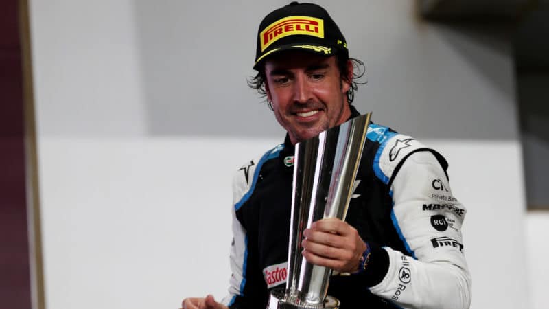 Fernando Alonso with trophy after 2021 Qatar Grand Prix