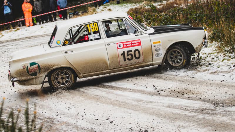 Ford Cortina sliding in the snow at Roger Albert Clark Rally