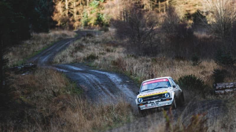 Ford Escort on forest stage in Roger Albert Clark Rally