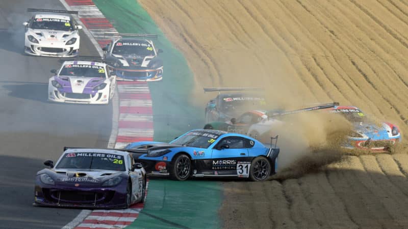 Ginetta Supercup cars crash out at Brands Hatch Paddock Hill Bend