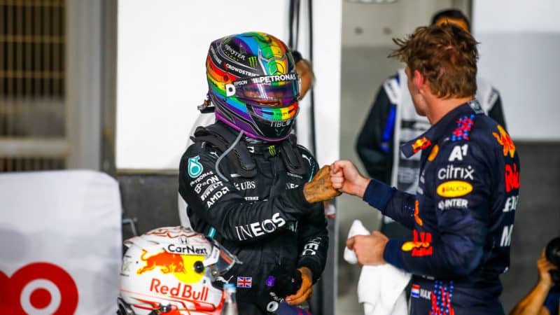 HAMILTON Lewis (gbr), Mercedes AMG F1 GP W12 E Performance, VERSTAPPEN Max (ned), Red Bull Racing Honda RB16B, portrait during the Formula 1 Ooredoo Qatar Grand Prix 2021, 20th round of the 2021 FIA Formula One World Championship from November 19 to 21, 2021 on the Losail International Circuit, in Lusail, Qatar - Photo Xavi Bonilla / DPPI