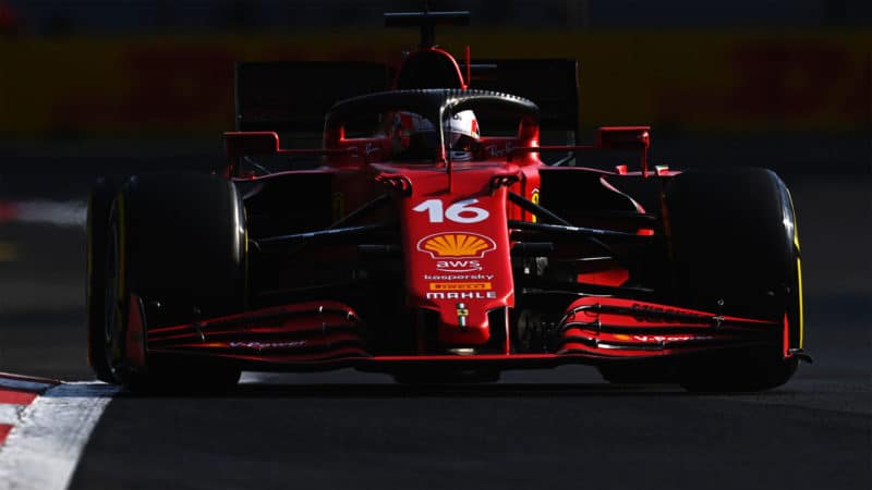 MEXICO CITY, MEXICO - NOVEMBER 05: Charles Leclerc of Monaco driving the (16) Scuderia Ferrari SF21 during practice ahead of the F1 Grand Prix of Mexico at Autodromo Hermanos Rodriguez on November 05, 2021 in Mexico City, Mexico. (Photo by Clive Mason/Getty Images)