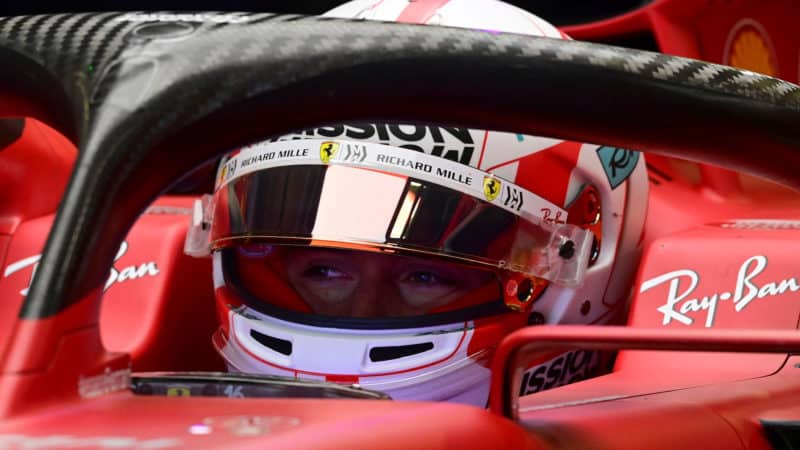Ferrari's Monegasque driver Charles Leclerc sits in his car during the first practice session at Hermanos Rodriguez racetrack in Mexico City, on November 5, 2021, ahead of the Formula One Mexico Grand Prix. (Photo by PEDRO PARDO / AFP) (Photo by PEDRO PARDO/AFP via Getty Images)