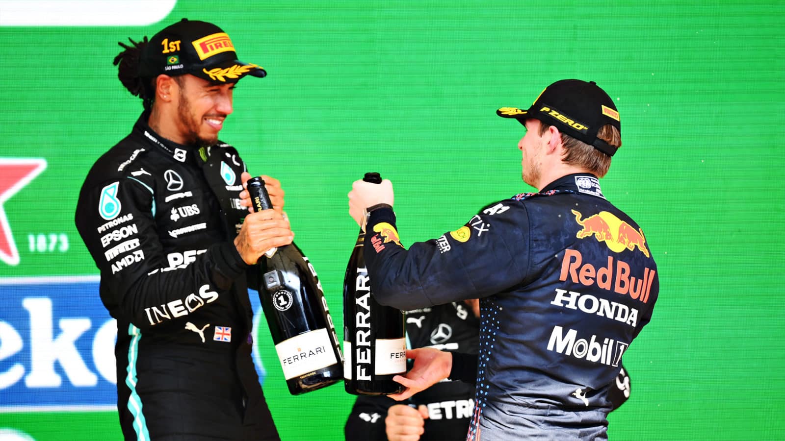 Lewis Hamilton and Max Verstapen on the podium at the 2021 Brazilian Grand Prix