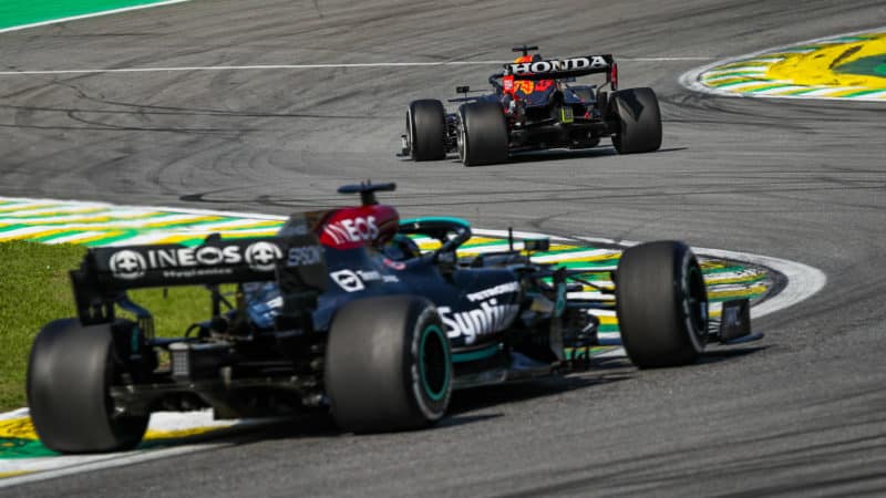 Lewis Hamilton follows Max Verstappen in the 2021 Brazilian Grand Prix