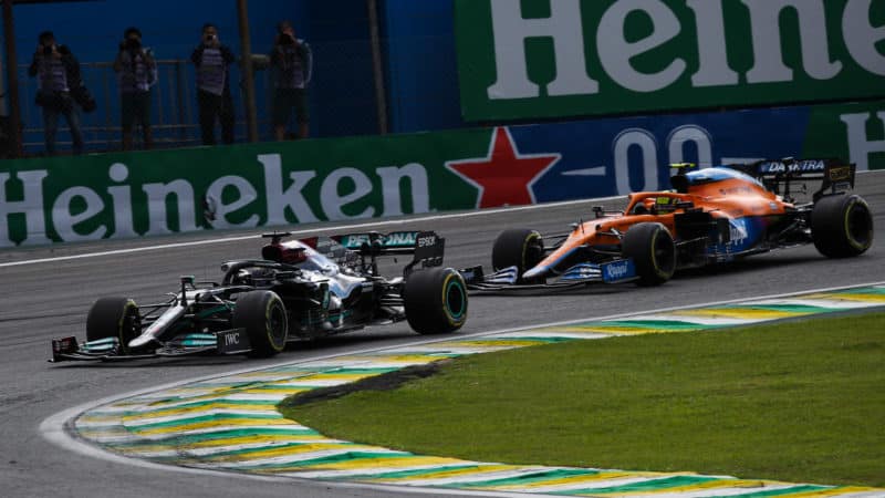 Lewis Hamilton passes Lando Norris in 2021 Brazilian GP sprint race