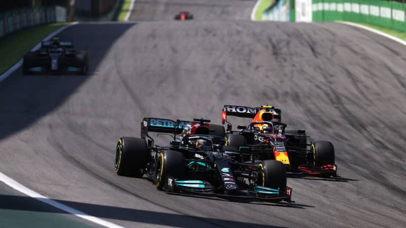 Lewis Hamilton passes Sergio Perez in the 2021 Brazilian Grand Prix