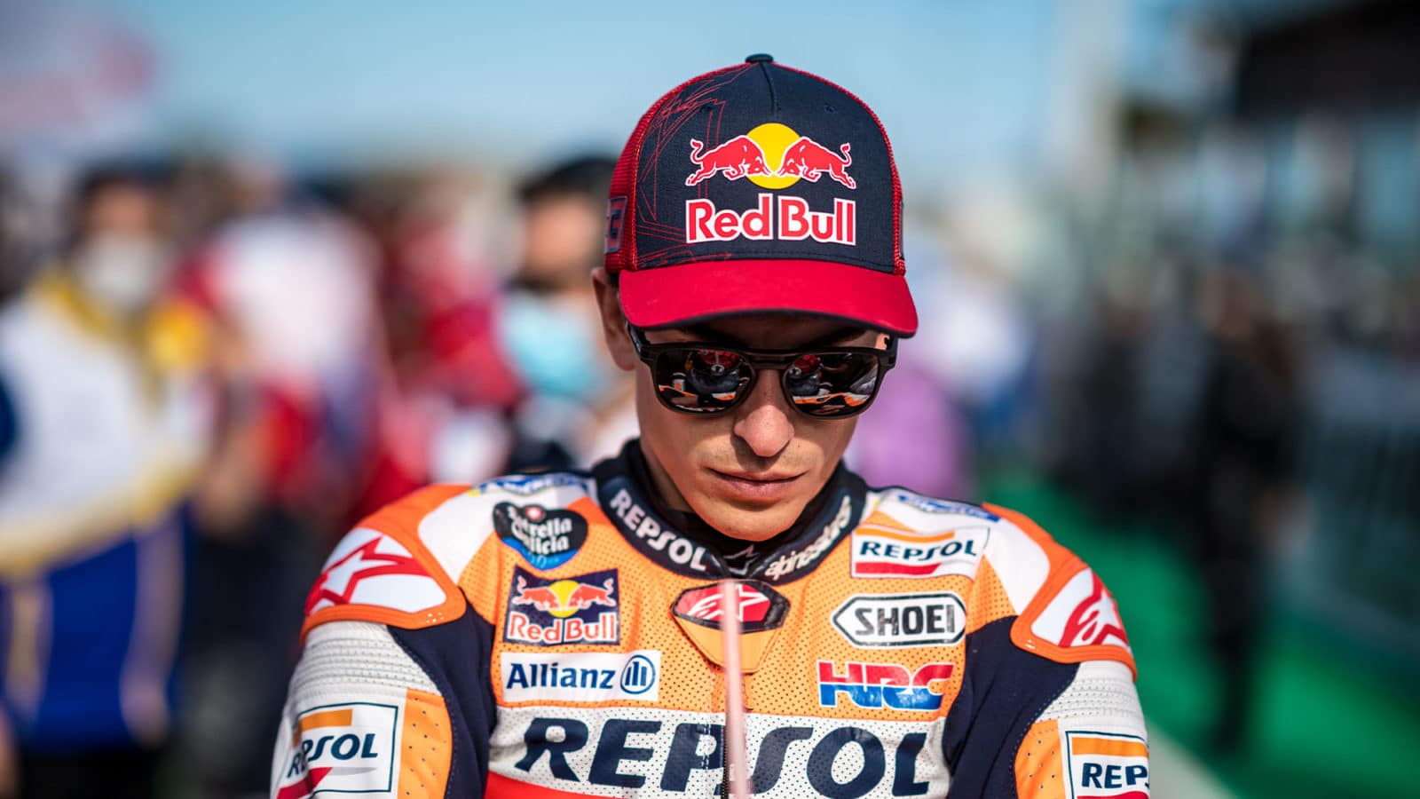 MISANO ADRIATICO, ITALY - OCTOBER 24: Marc Marquez of Spain and Repsol Honda Team prepares during the race of the MotoGP Gran Premio Nolan del Made in Italy e dell'Emilia-Romagna at Misano World Circuit on October 24, 2021 in Misano Adriatico, Italy. (Photo by Steve Wobser/Getty Images)