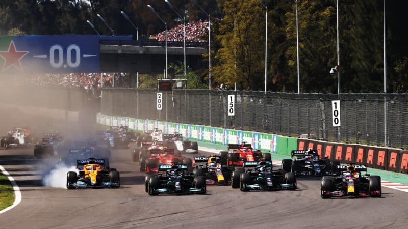 Max Verstappen leads at the start of the 2021 Mexican Grand Prix