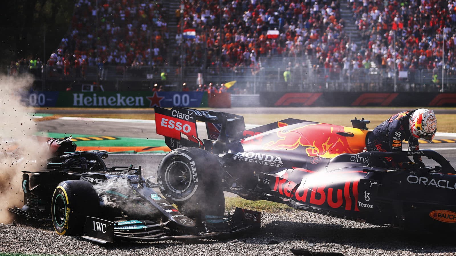 Max Verstappen and Lewis Hamilton collide at Monza in 2021