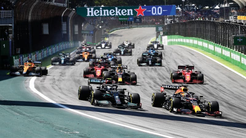 Max Verstappen leads at the start of the 2021 Brazilian Grand Prix