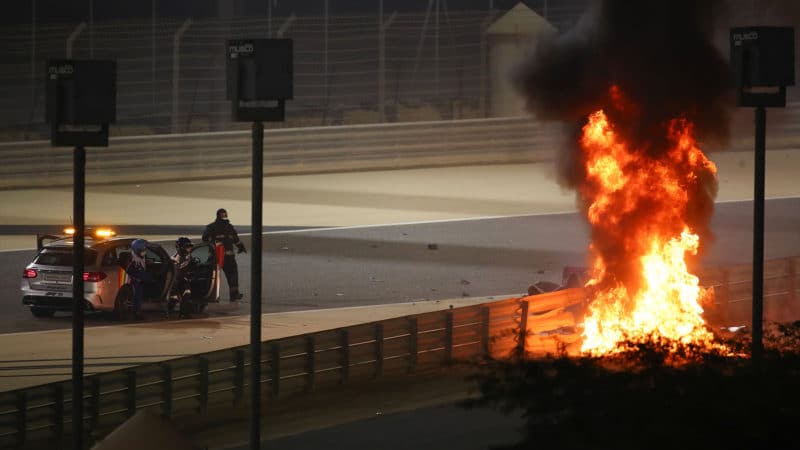 Medical car arrives as Romain Grosjean's Haas is in flames