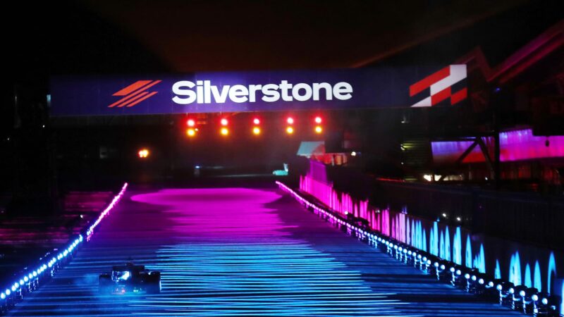 Mercedes on Silverstone start finish straight during Christmas lap of lights event