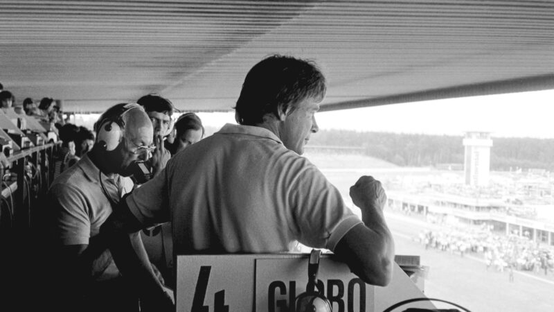 Murray Walker and James Hunt at Hockenheim in 1986