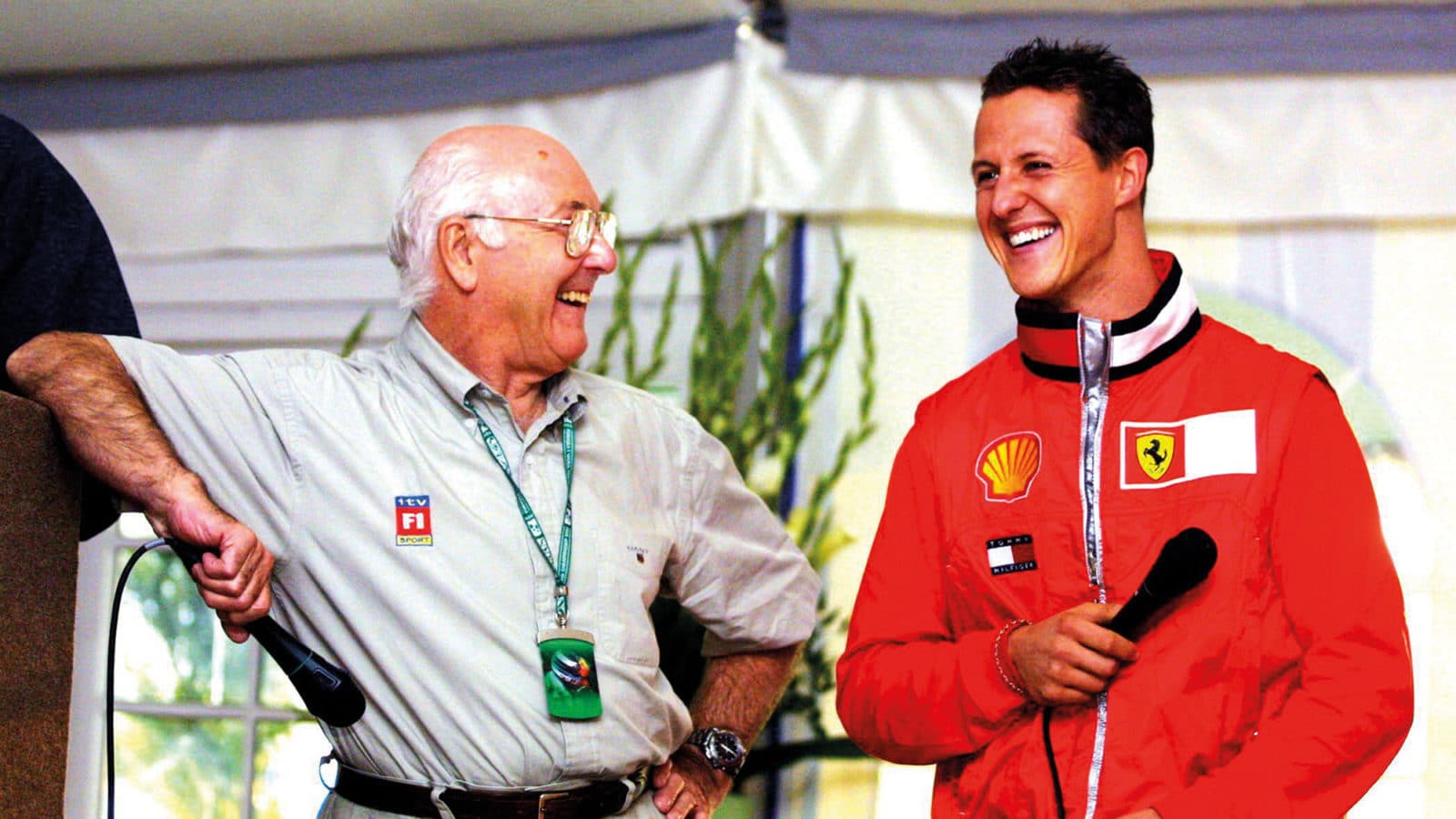 Murray Walker with Michael Schumacher and mic