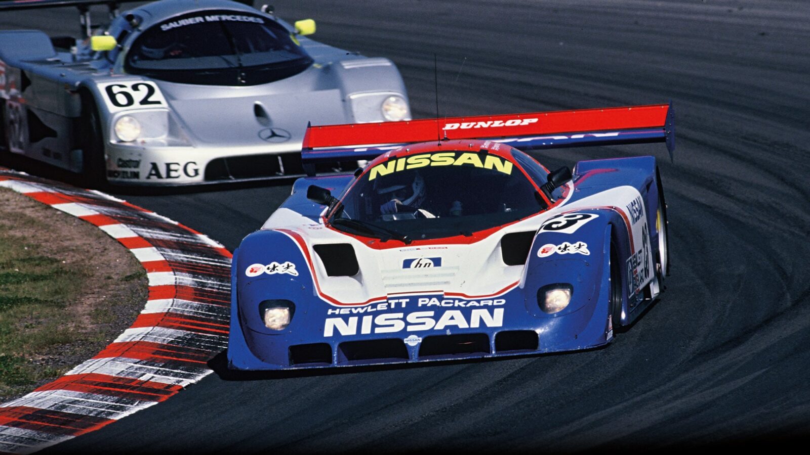 Nissan R89C runs ahead of Sauber Mercedes at the Nurburgring