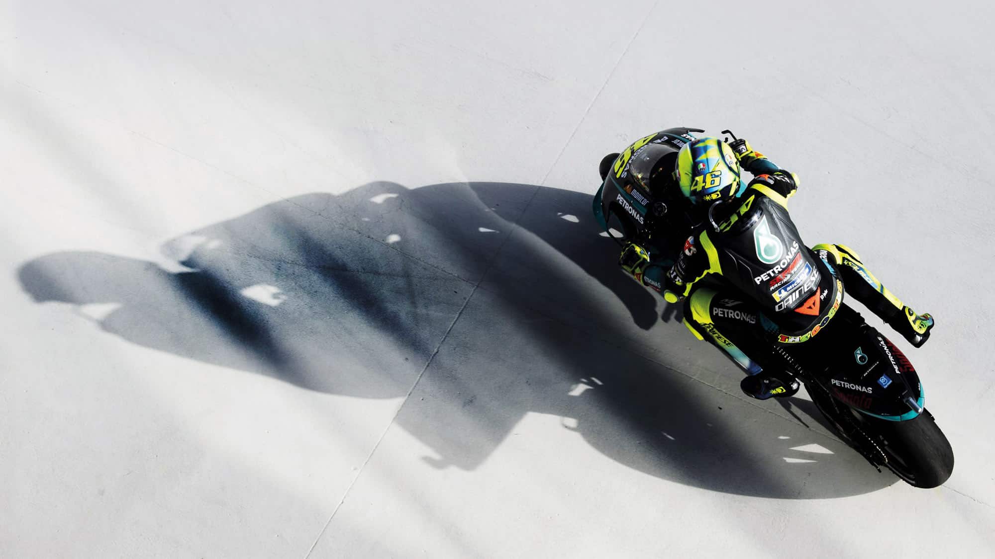 Overhead view of Valentino Rossi on his Yamaha