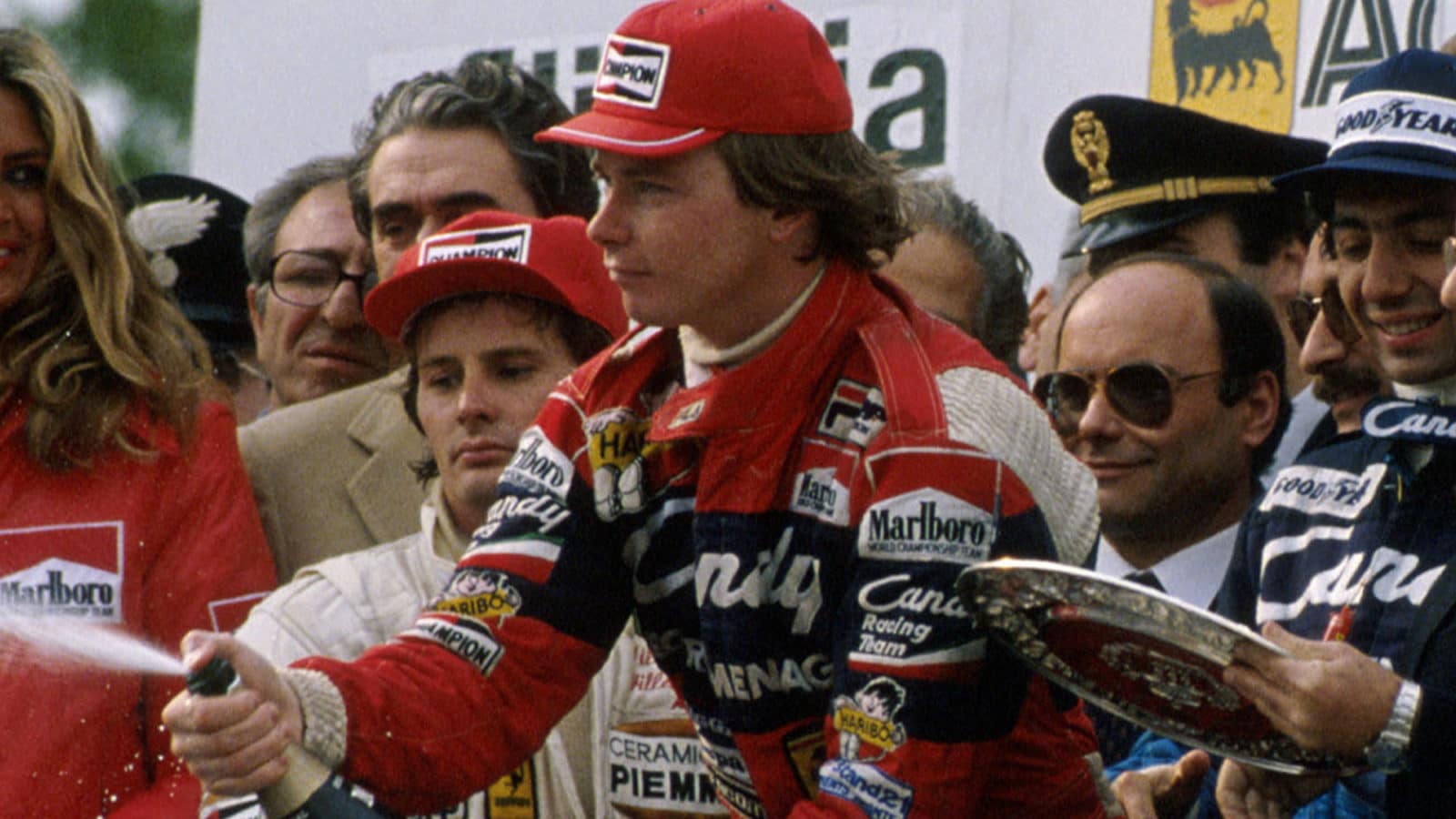 Pironi sprays champagne at 1982 San Marino Grand Prix