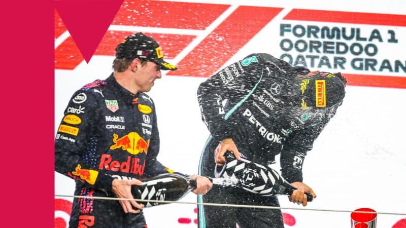 VERSTAPPEN Max (ned), Red Bull Racing Honda RB16B, HAMILTON Lewis (gbr), Mercedes AMG F1 GP W12 E Performance, portrait podium during the Formula 1 Ooredoo Qatar Grand Prix 2021, 20th round of the 2021 FIA Formula One World Championship from November 19 to 21, 2021 on the Losail International Circuit, in Lusail, Qatar - Photo Florent Gooden / DPPI