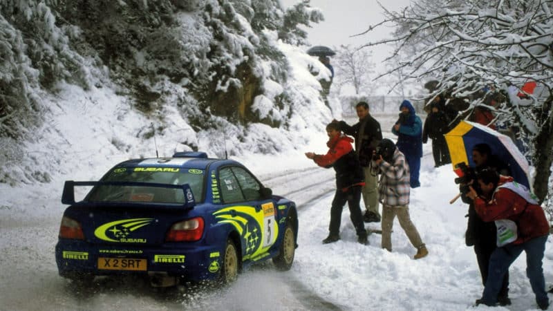 Richard Burns 2001 Subaru in the snow of the Monte Carlo Rally