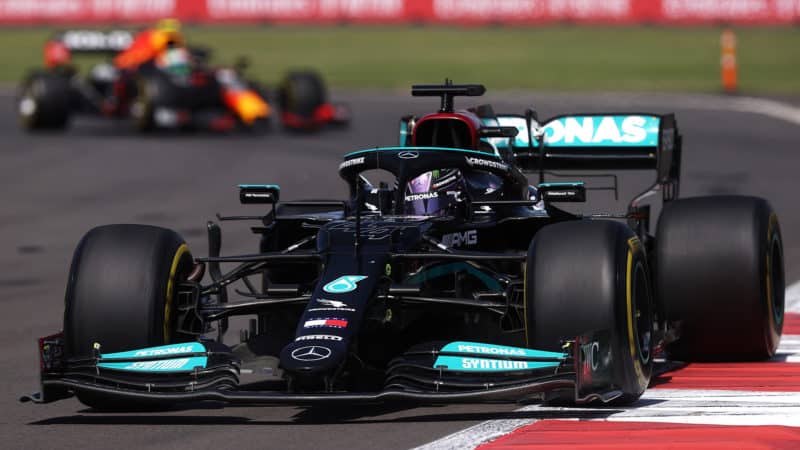 Sergio Perez follows Lewis Hamilton at the 2021 Mexican Grand Prix