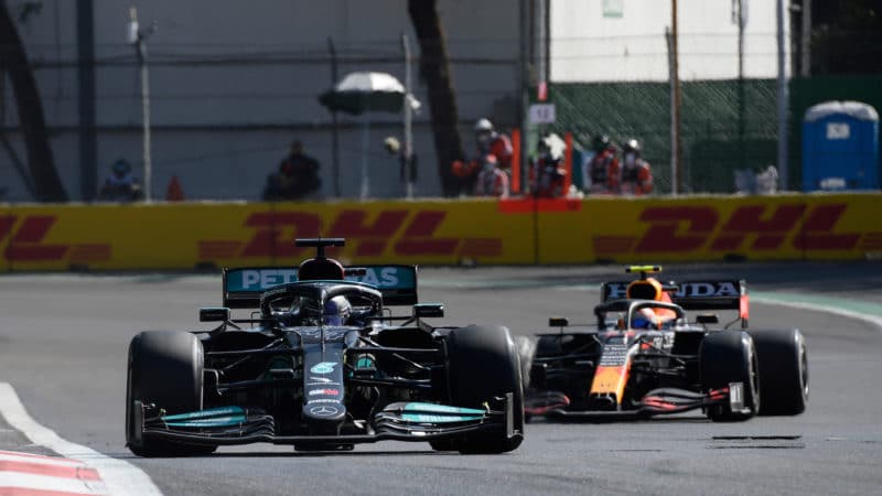 Sergio Perez follows Lewis Hamilton in the 2021 Mexican Grand prix