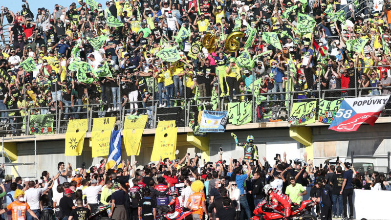 Valentino Rossi in front of fans after his final MotoGP race