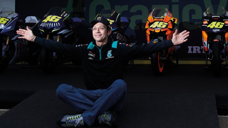 Valentino Rossi with his MotoGP championship winning bikes